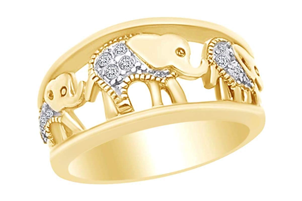 AFFY Round Shape White Cubic Zirconia Fashion Elephant Band Ring in 14k Yellow Gold Over Sterling Silver Ring Size-11