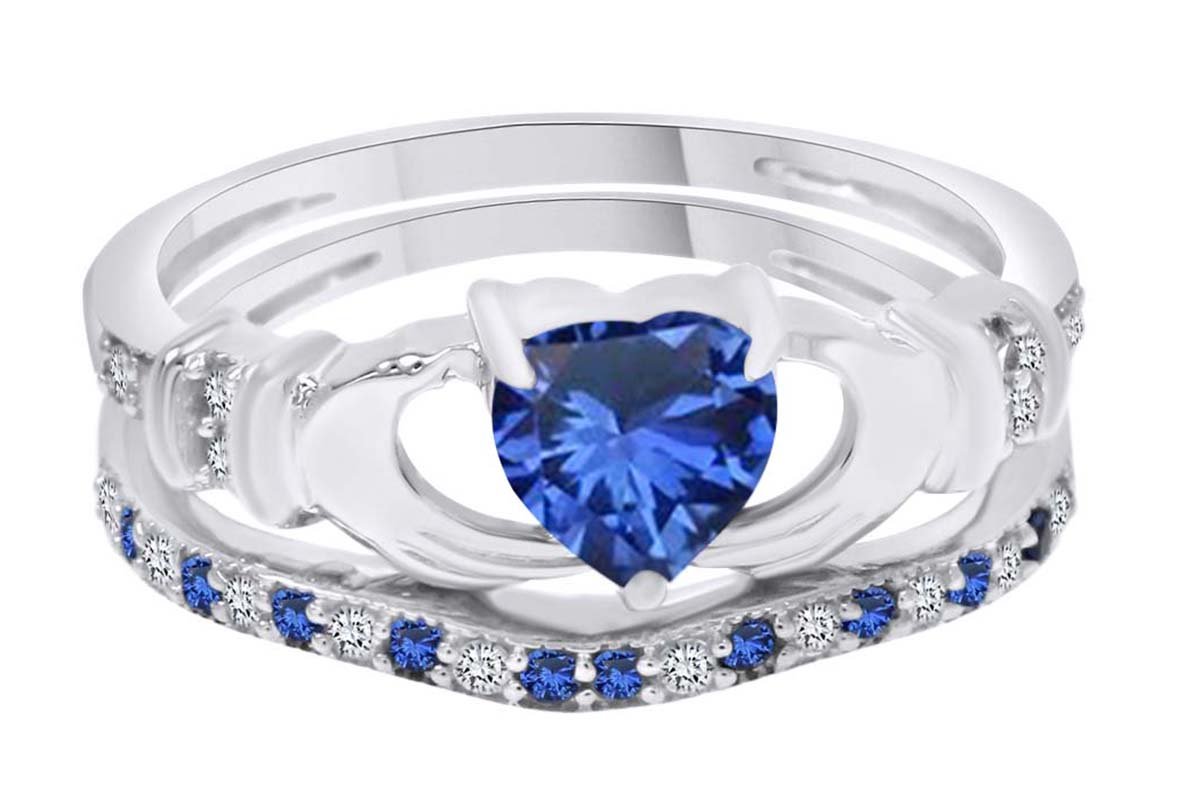 AFFY Simulated Blue Sapphire & White CZ Claddagh Engagement Ring Set in 14k White Gold Over Sterling Silver Ring Size-11