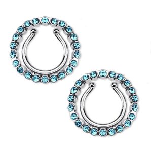 CZ Crystal Paved Circle No Pierce Fake Clip On Nipple Ring, Sold as a Pair (Aqua)