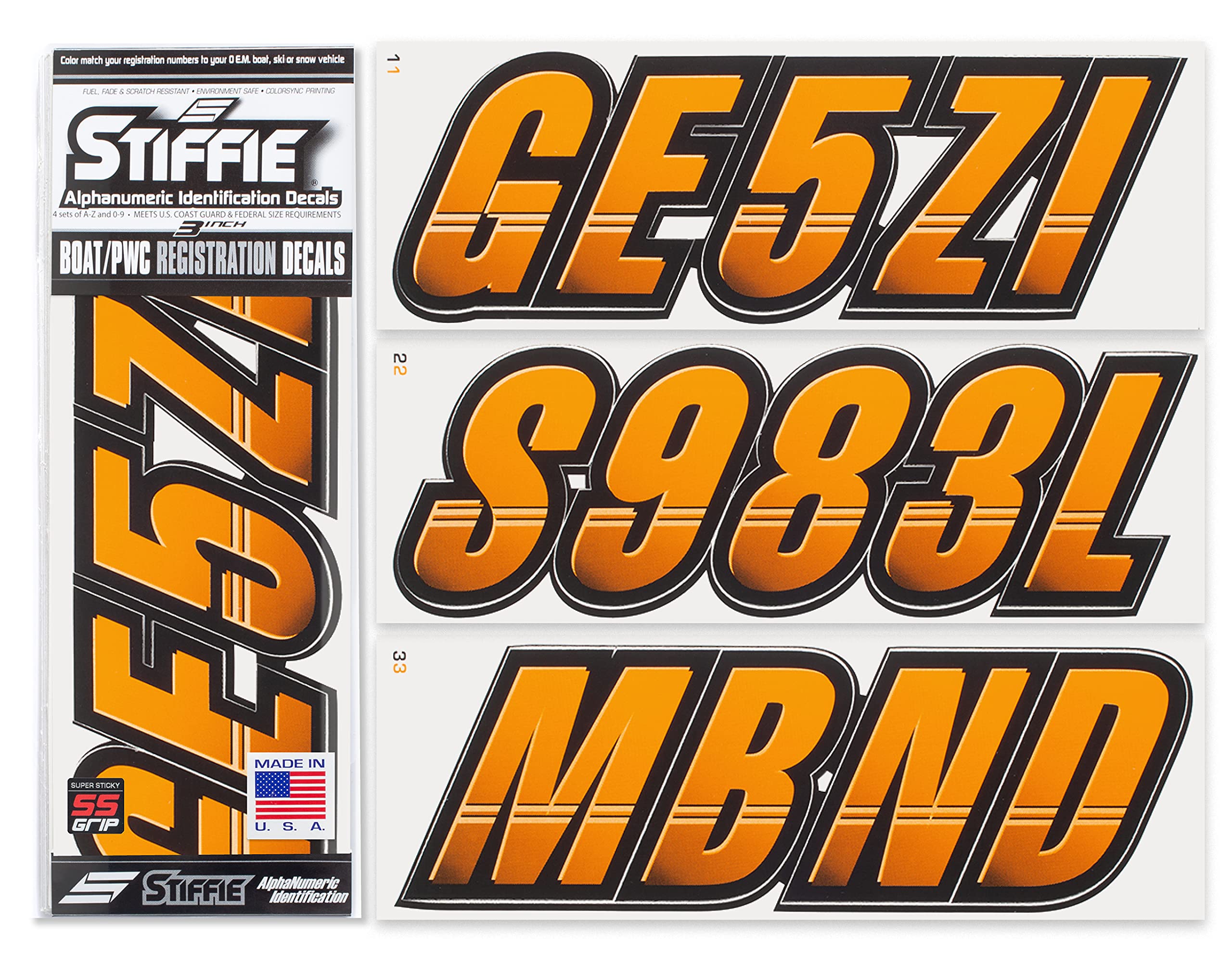 STIFFIE Techtron Orange Crush/Black SUPER STICKY 3" Alpha Numeric Registration Identification Numbers Stickers Decals for Sea-Doo SPARK, Inflatable Boats, RIBs, Hypalon/PVC, PWC and Boats.