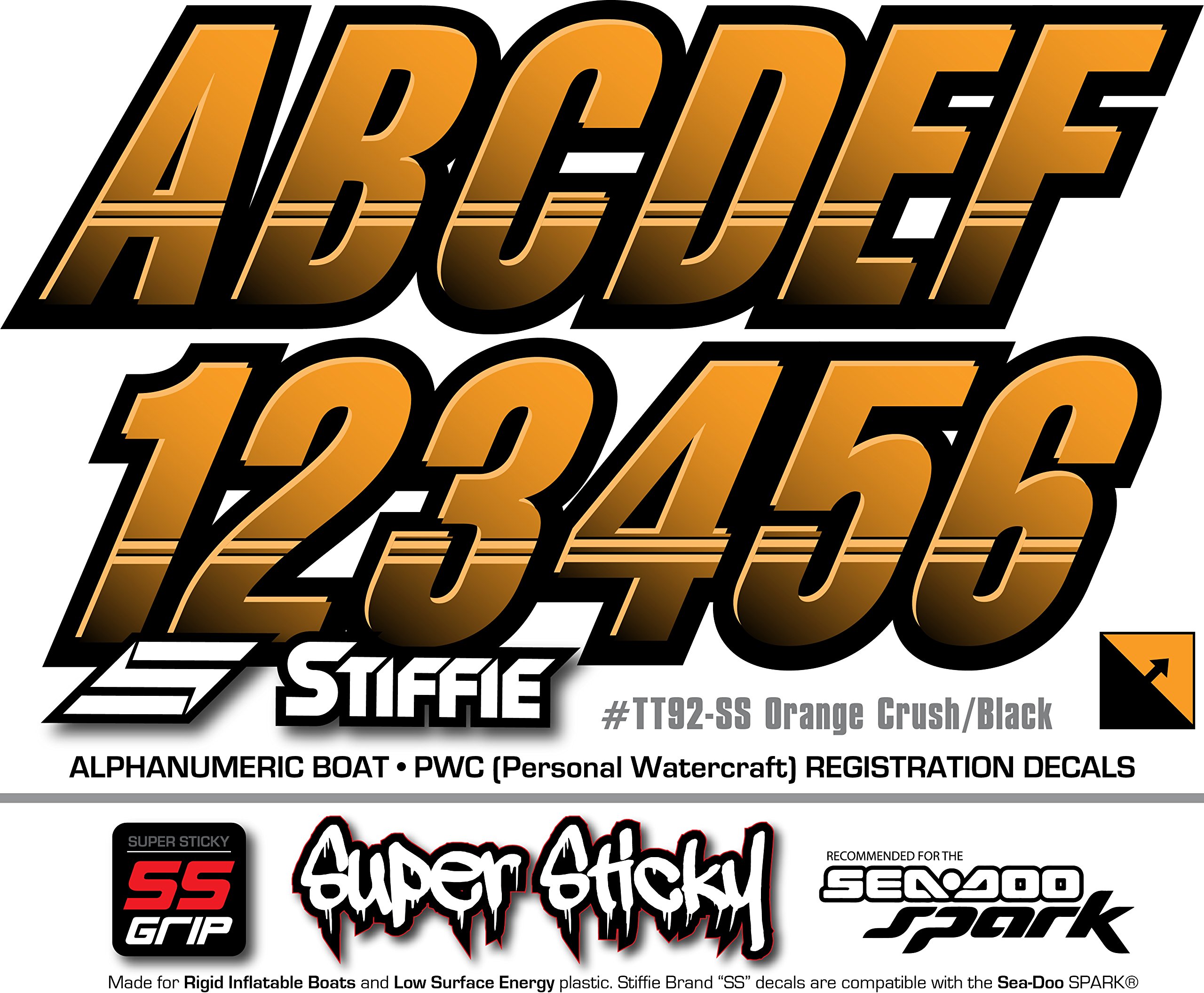 STIFFIE Techtron Orange Crush/Black SUPER STICKY 3" Alpha Numeric Registration Identification Numbers Stickers Decals for Sea-Doo SPARK, Inflatable Boats, RIBs, Hypalon/PVC, PWC and Boats.