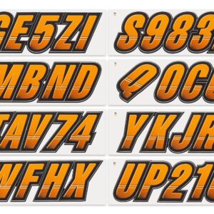 STIFFIE Techtron Orange Crush/Black SUPER STICKY 3" Alpha Numeric Registration Identification Numbers Stickers Decals for Sea-Doo SPARK, Inflatable Boats, RIBs, Hypalon/PVC, PWC and Boats.