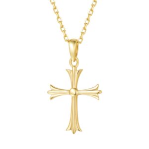 Carleen SOLID REAL 14K Yellow Gold SMALL TINY Little Cute Embossed Cross Necklace Delicate Dainty Crucifix Cross Pendant Fine Jewelry For Women, With 18" Solid Gold Cable Chain