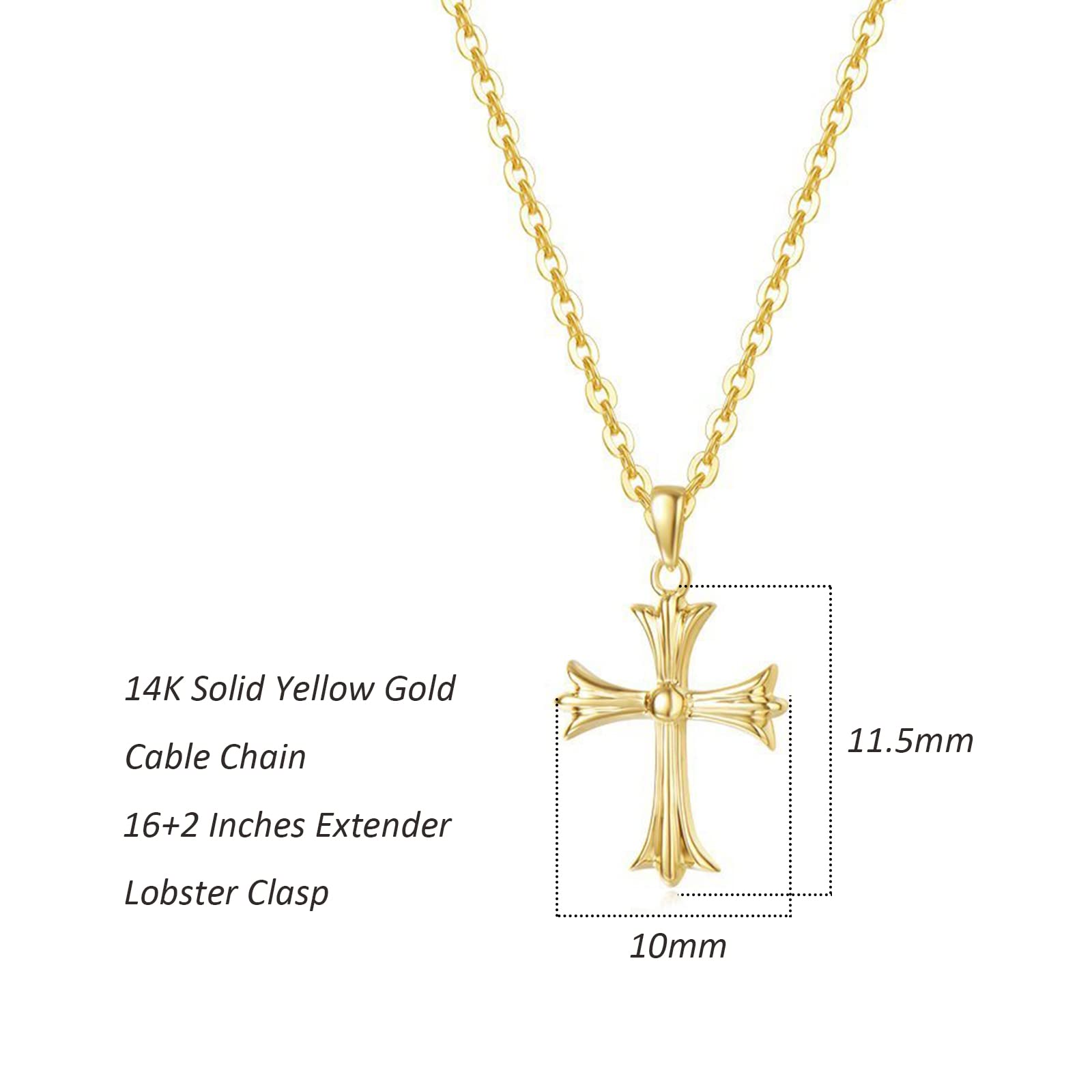 Carleen SOLID REAL 14K Yellow Gold SMALL TINY Little Cute Embossed Cross Necklace Delicate Dainty Crucifix Cross Pendant Fine Jewelry For Women, With 18" Solid Gold Cable Chain