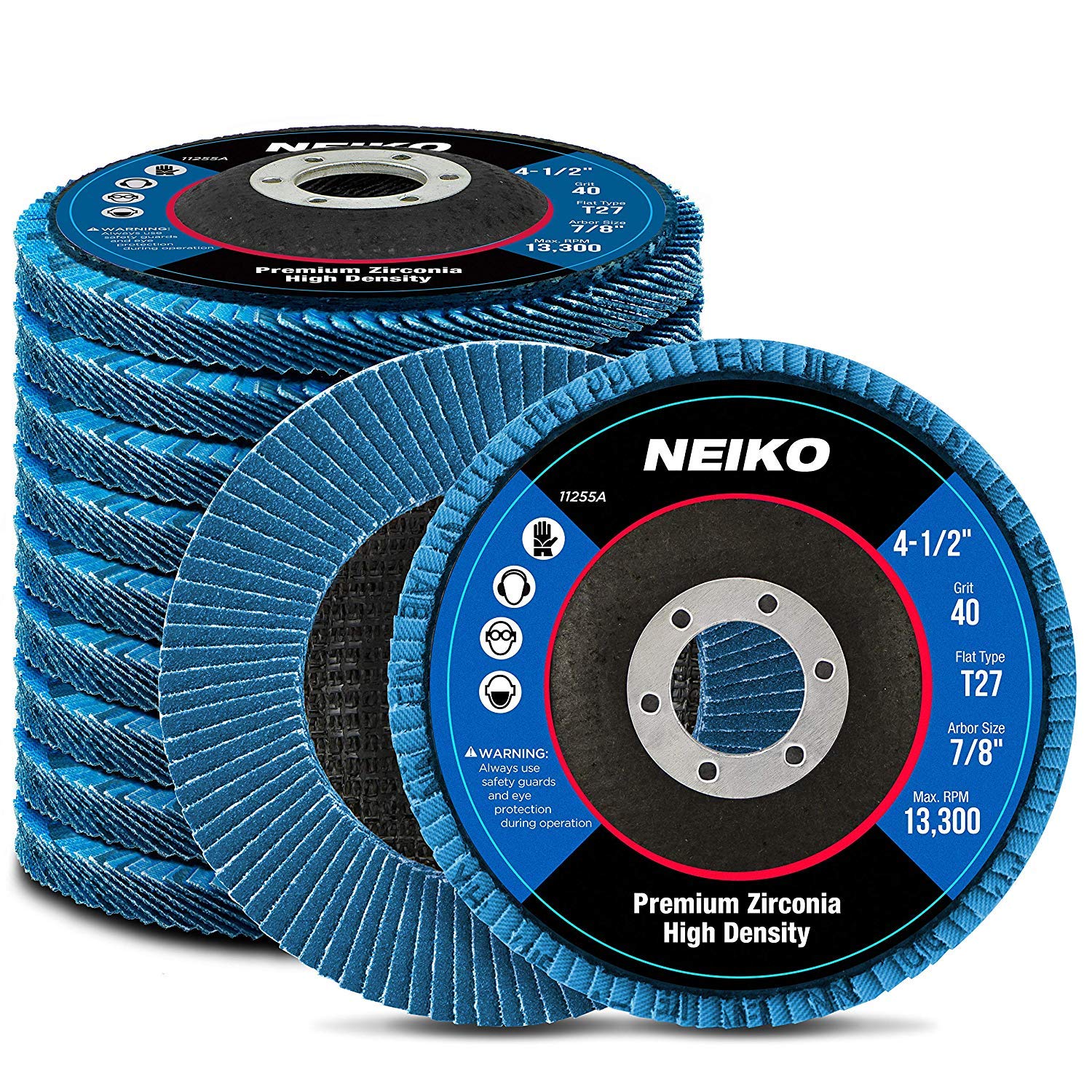 NEIKO 11255A 10 Pack Jumbo Zirconia Flap Discs 4-1/2 for Angle Grinder, 40 Grit Flapper Wheel, Flat T27 Grinding Wheel 4.5 Inch Flap Disc, 7/8" Arbor Grinding Disc, Flap Wheel for Wood & Metal Sanding