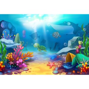 Baocicco 7x5ft Cartoon Underwater World Backdrop Vinyl Photography Background Sea World Torpical Fishes Colorful Coral Reef Turtles Shark Sun Ray Summer Holiday Children Birthday Party Photo Studio