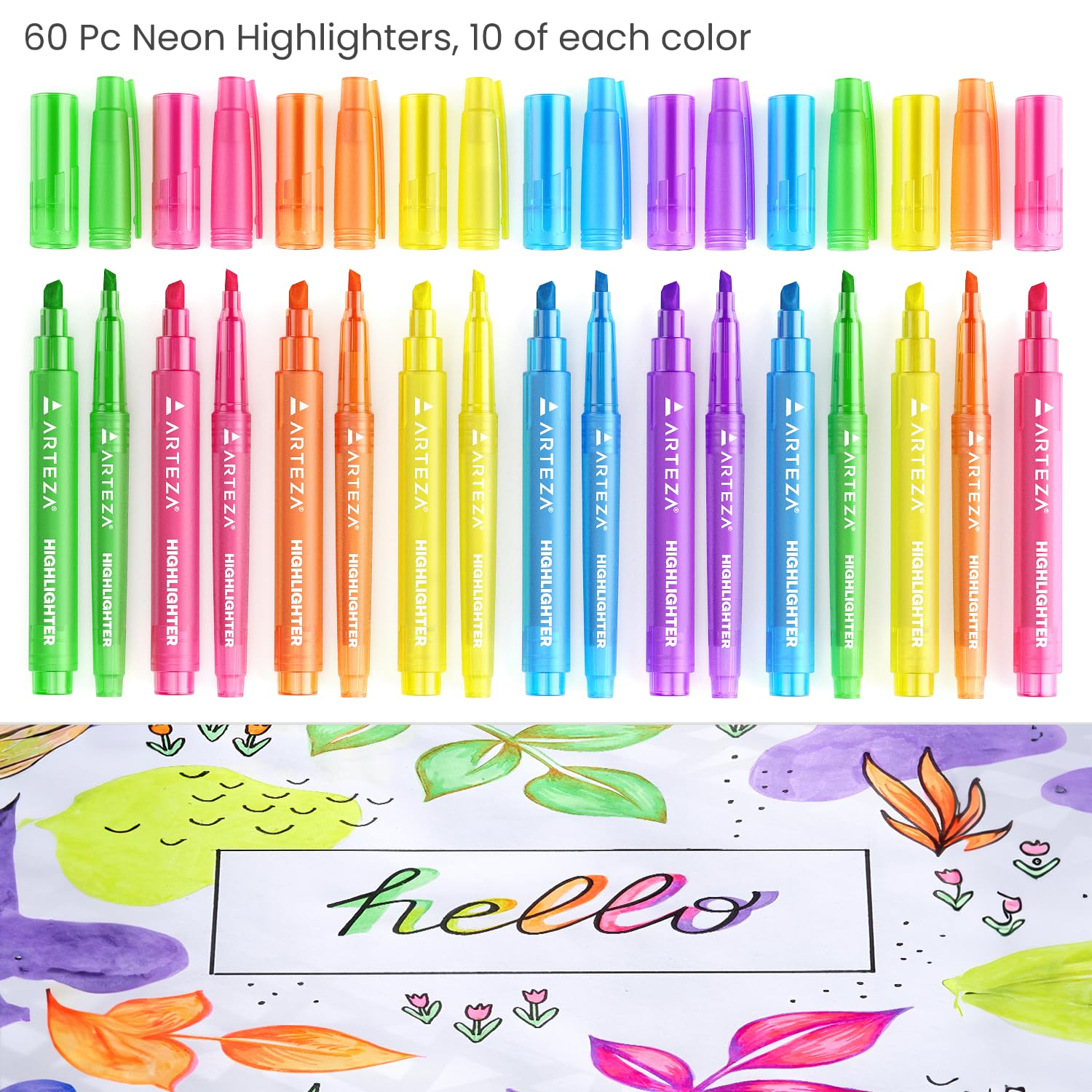 ARTEZA Highlighters Assorted Colors, Bulk Set of 60, Neon, Wide and Narrow Chisel Tip Markers, Office and School Supplies for Teachers, Students