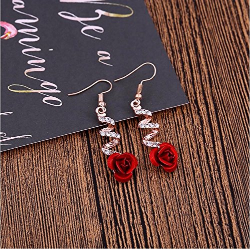 Vintage Red 3D Rose Drop Earrings For Women Statement Dangle Earrings With Crystal Rhinestone Valentine's Day Gift