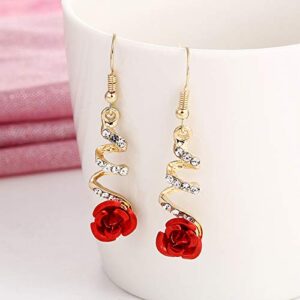 Vintage Red 3D Rose Drop Earrings For Women Statement Dangle Earrings With Crystal Rhinestone Valentine's Day Gift