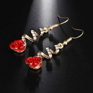 Vintage Red 3D Rose Drop Earrings For Women Statement Dangle Earrings With Crystal Rhinestone Valentine's Day Gift