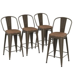 Yongqiang 30 inch Metal Bar Stools Set of 4 Bar Height Stools Kitchen Island Barstools High Back Bar Chairs with Large Wooden Seat Industrial Rusty