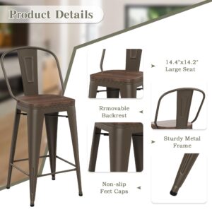 Yongqiang 30 inch Metal Bar Stools Set of 4 Bar Height Stools Kitchen Island Barstools High Back Bar Chairs with Large Wooden Seat Industrial Rusty