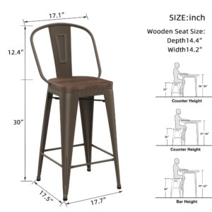 Yongqiang 30 inch Metal Bar Stools Set of 4 Bar Height Stools Kitchen Island Barstools High Back Bar Chairs with Large Wooden Seat Industrial Rusty