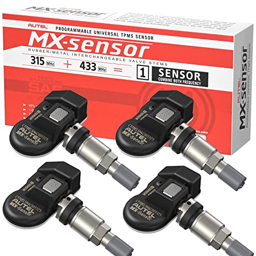 Autel TPMS Sensor Set of 4, MX-Sensor 2in 1 Dual Frequency 315MHz + 433MHz Press-in OE-Level Universal TPMS Sensors Programmable by Autel TPMS Tool Compatible with TS408S TS508WF TS601 (Metal Valves)