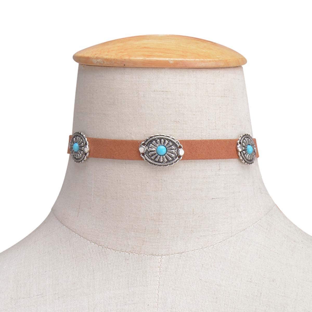 Olbye Bohemia Turquoise Choker Necklace Leather Choker Jewelry Suede Necklace for Women Boho Style