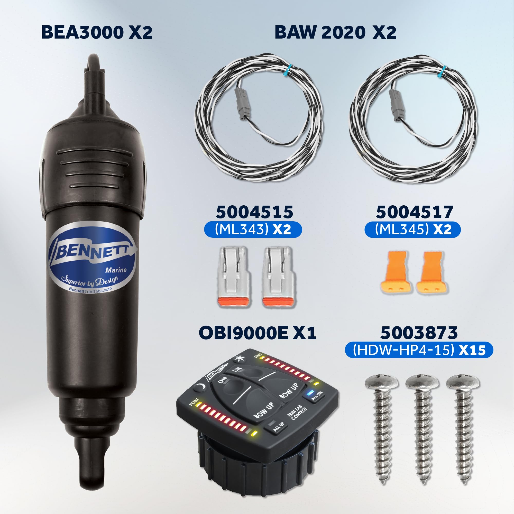 Bennett Bolt Electric Trim Tab System 12" x 9", Includes Integrated Helm Control, Actuators, Wires Harnesses and Mounting Hardware, Complete Kit BOLT129, 12V DC - FO4322