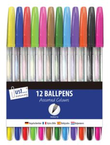 just stationery 12 multicoloured ballpoint pens, assorted colours, 15.5cm long by 1cm diameter