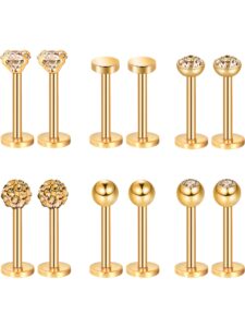 sumind nose studs 16g tragus piercing jewelry tragus earrings lip rings diamond crystal stainless steel labret bars body piercing jewelry, 6 designs(gold)