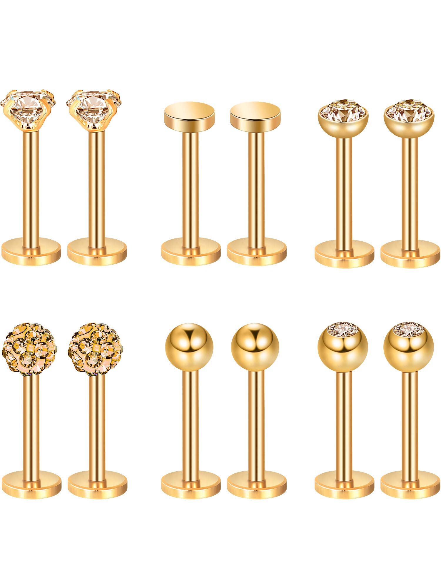 Sumind Nose Studs 16G tragus piercing jewelry Tragus Earrings Lip Rings Diamond Crystal Stainless Steel Labret Bars Body Piercing Jewelry, 6 Designs(Gold)