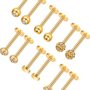 Sumind Nose Studs 16G tragus piercing jewelry Tragus Earrings Lip Rings Diamond Crystal Stainless Steel Labret Bars Body Piercing Jewelry, 6 Designs(Gold)