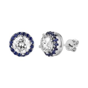 doveggs moissanite stud earrings for women 10k white gold post 2ct ghi cushion cut halo created moissanite with blue sapphire push back earrings sterling silver (6.5mm round -cut)