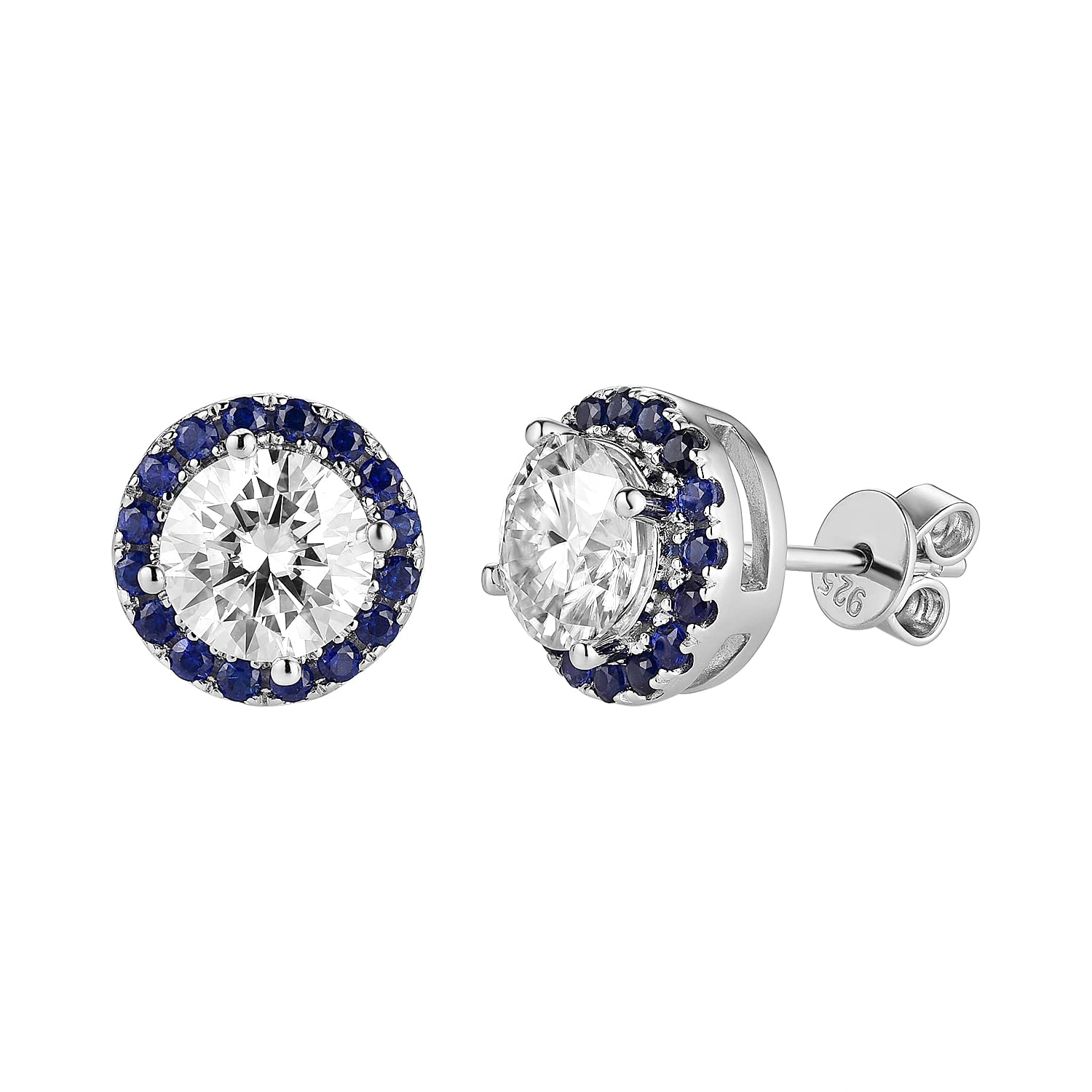 DovEggs Moissanite Stud Earrings for Women 10K White Gold Post 2ct GHI Cushion Cut Halo Created Moissanite with Blue Sapphire Push Back Earrings Sterling Silver (6.5mm Round -Cut)