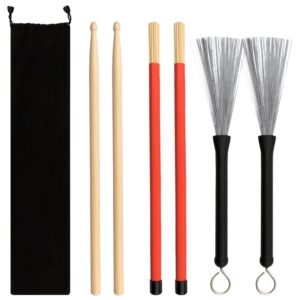 petift drum sticks set,1 pair 5a maple wood drum sticks,1 pair retractable drum wire brushes and 1 pair rods drum brushes set for kids, adults, rock band, jazz folk students with portable storage bag