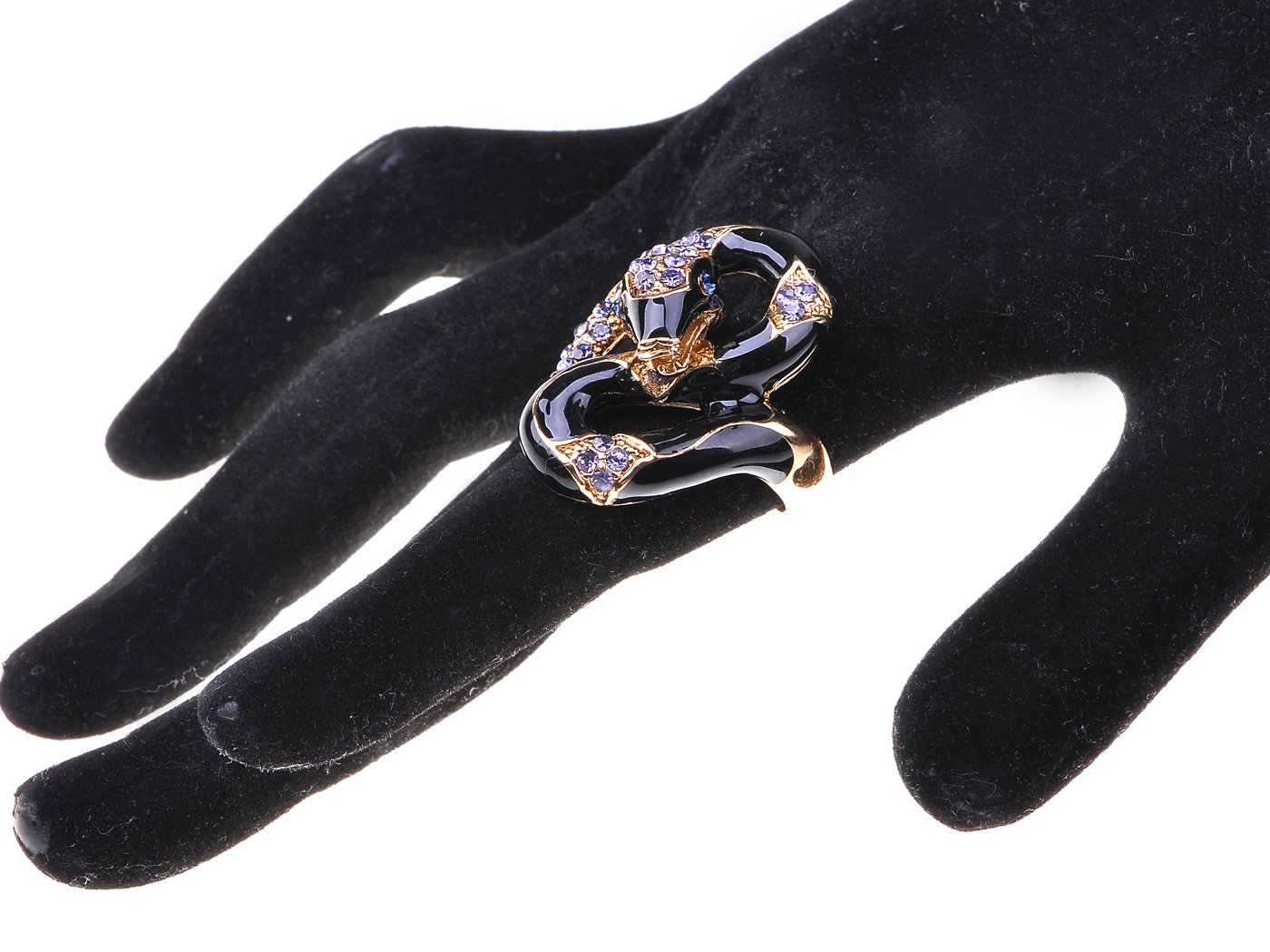 Alilang Black Enamel Body Purple Crystal Rhinestone Serpent Snake Fashion Sized Ring, Size 6