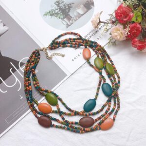 Coiris Bead Necklace for Women 5 Layers Strand Wooden Choker Necklaces for Women Chunky Statement Ethnic Bead Layered Bib Collar Necklace Hip Hop Jewelry (N0019)