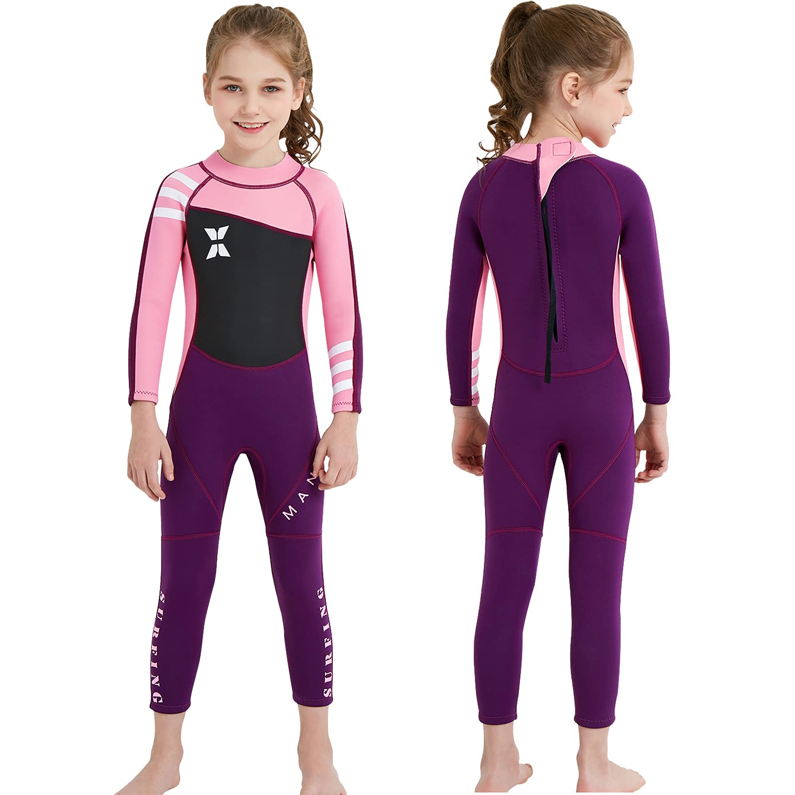 NATYFLY Kids Wetsuit, 2.5mm Neoprene Thermal Swimsuit, Full Wetsuit for Girls Boys and Toddler, Long Sleeve Kids Wet Suits for Swimming (New Pink-Girls Wetsuit-2.5mm, 4)