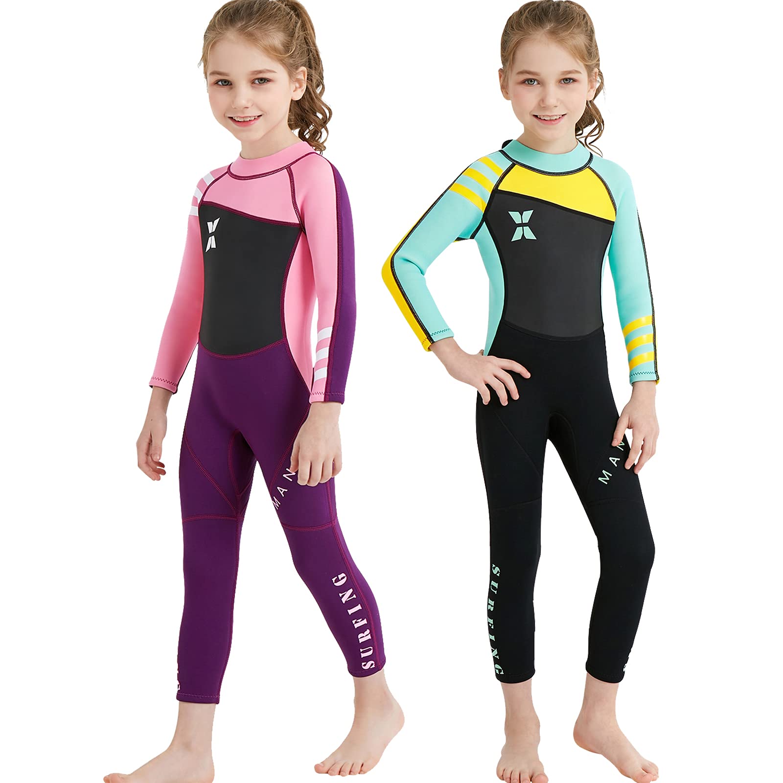 NATYFLY Kids Wetsuit, 2.5mm Neoprene Thermal Swimsuit, Full Wetsuit for Girls Boys and Toddler, Long Sleeve Kids Wet Suits for Swimming (New Pink-Girls Wetsuit-2.5mm, 4)