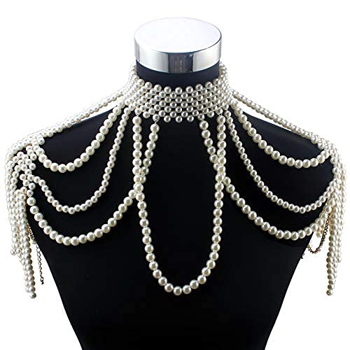 Florate Chunky Bead Pendant Choker Long Statement Necklace for Women Costume Pearl Beaded Chain Shoulder Body Jewelry (White)