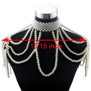 Florate Chunky Bead Pendant Choker Long Statement Necklace for Women Costume Pearl Beaded Chain Shoulder Body Jewelry (White)