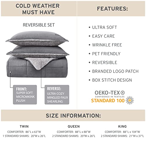 Eddie Bauer - Queen Comforter Set, Reversible Sherpa Bedding with Matching Shams, Cozy & Warm Home Decor (Sherwood Grey, Queen)