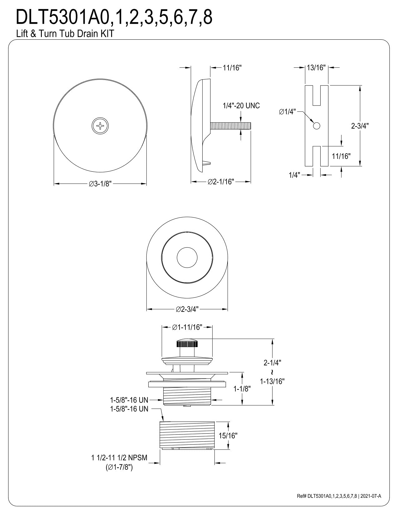 Kingston Brass DLT5301A0 Made to Match Twist and Close Tub Drain Conversion Kit, Matte Black 2.25 x 3.13 x 2.75