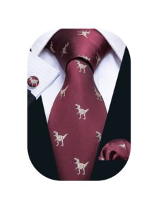 burgundy tie set silk tie pocket square cufflinks dinosaur pattern