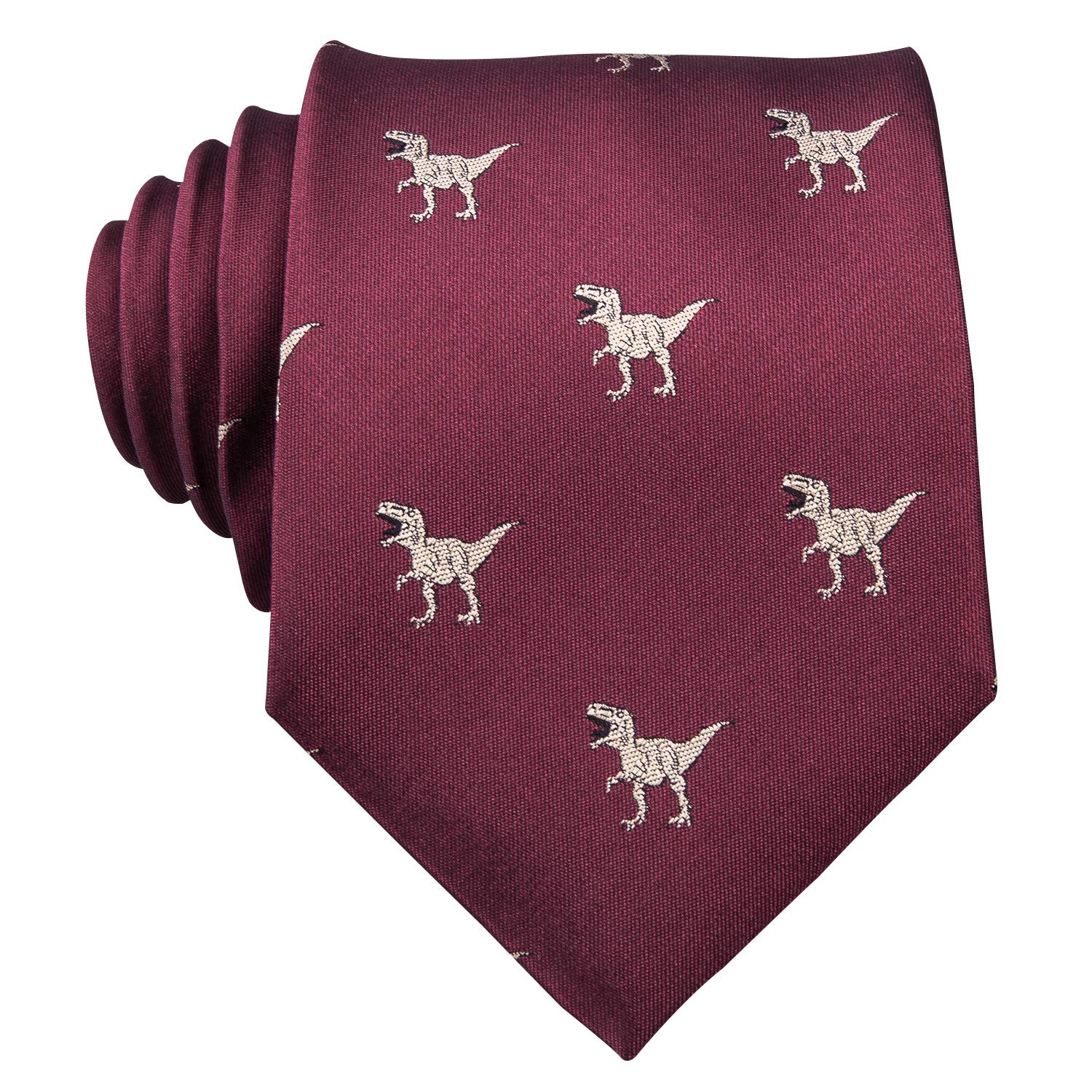 Burgundy Tie Set Silk Tie Pocket Square Cufflinks Dinosaur Pattern