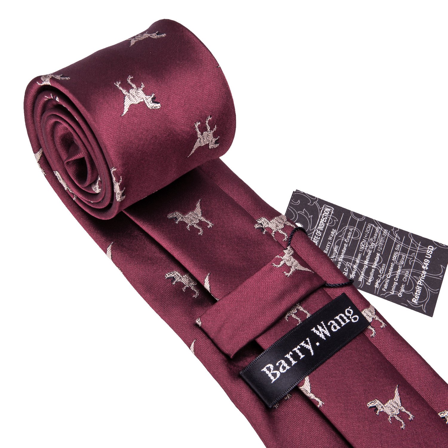 Burgundy Tie Set Silk Tie Pocket Square Cufflinks Dinosaur Pattern