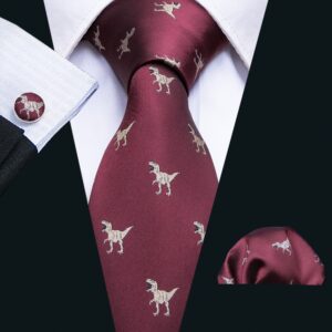 Burgundy Tie Set Silk Tie Pocket Square Cufflinks Dinosaur Pattern