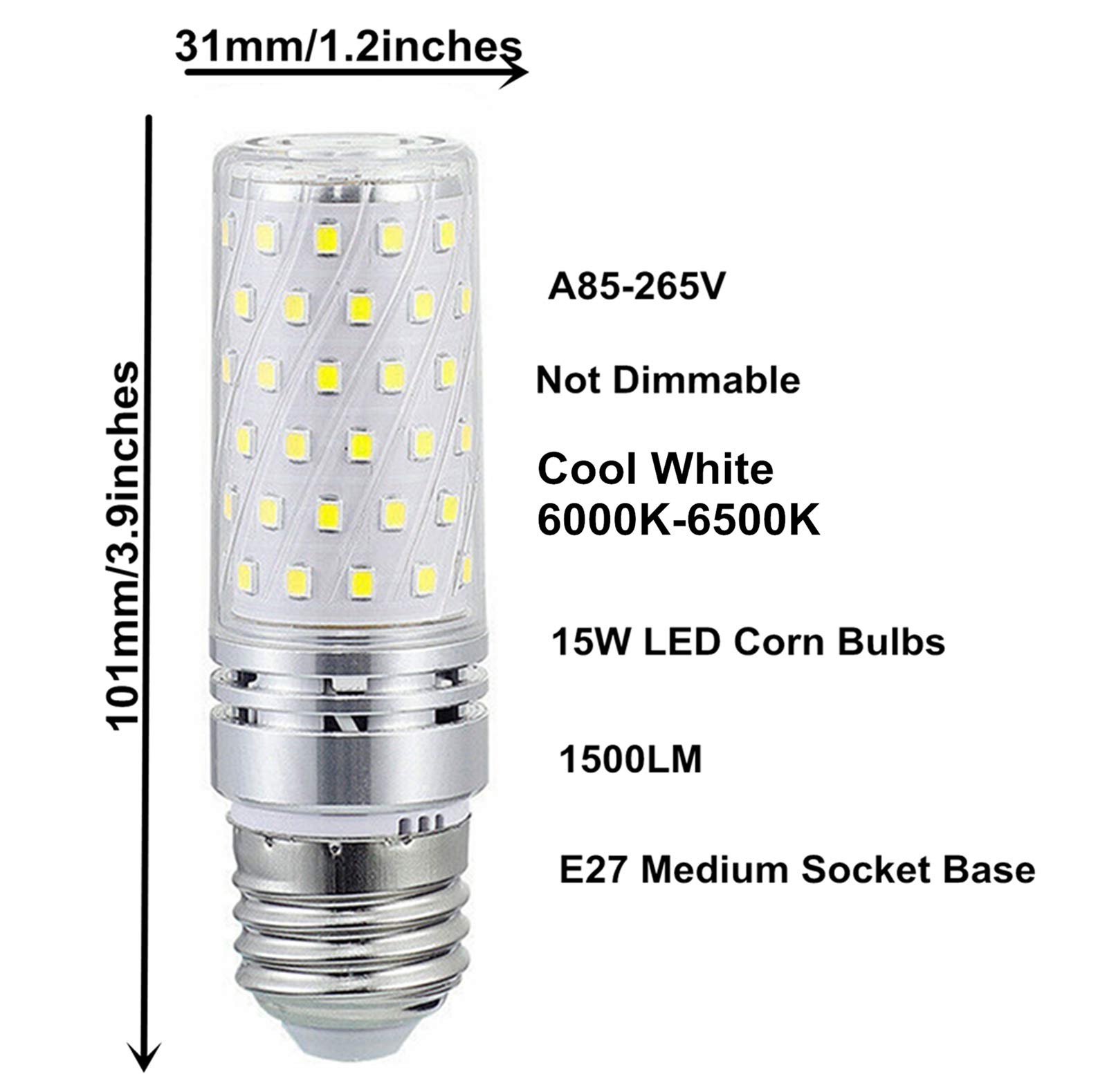 K JINGKELAI LED Candle Bulb, 15W Equivalent to 120W Incandescent, Cool White 6000K, 4 Pack, E26/E27 Medium Base, Non-Dimmable