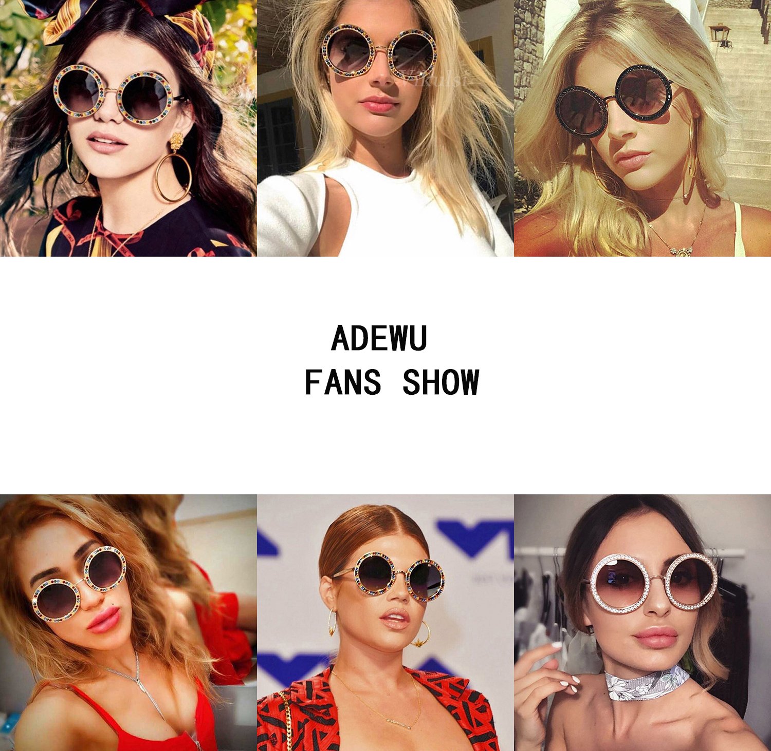 ADE WU Rhinestone Sunglasses Round Oversized Gem Shinning Sunnies for Feastival Party Favor (Silver/White)