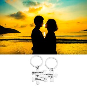 FEELMEM 10th Anniversary Present Ten Years Down Forever To Go Couples Puzzle Keychain Set 10 Years Anniversary Key Chain