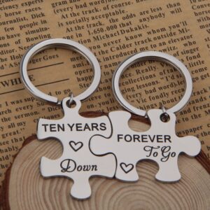 FEELMEM 10th Anniversary Present Ten Years Down Forever To Go Couples Puzzle Keychain Set 10 Years Anniversary Key Chain