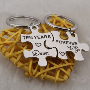 FEELMEM 10th Anniversary Present Ten Years Down Forever To Go Couples Puzzle Keychain Set 10 Years Anniversary Key Chain