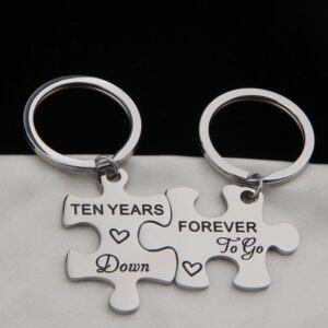 FEELMEM 10th Anniversary Present Ten Years Down Forever To Go Couples Puzzle Keychain Set 10 Years Anniversary Key Chain