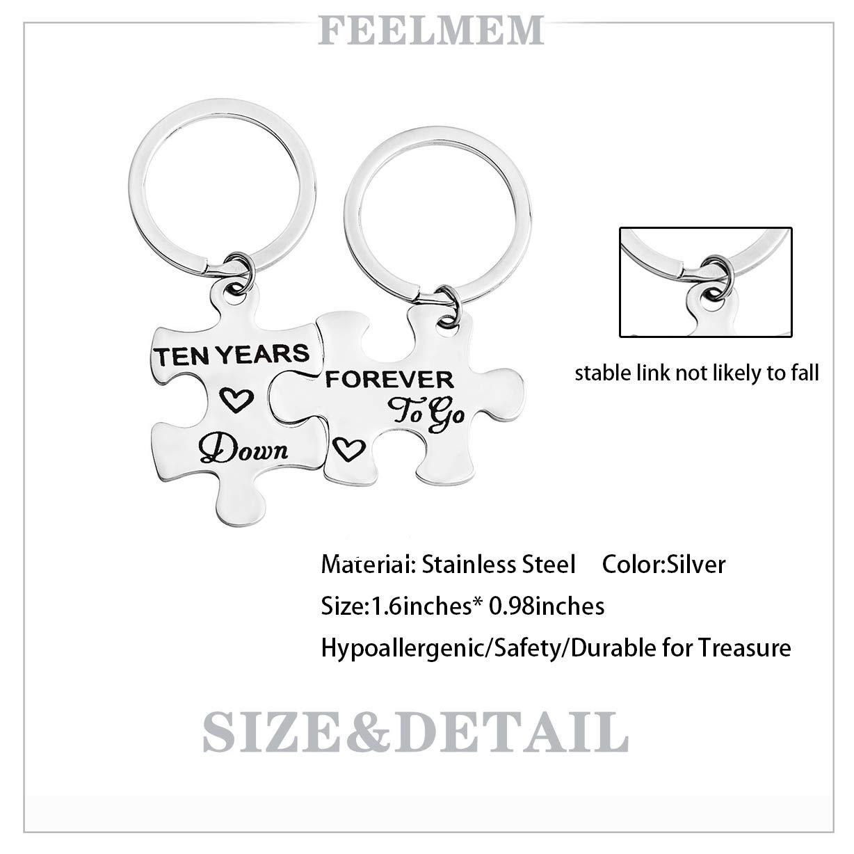 FEELMEM 10th Anniversary Present Ten Years Down Forever To Go Couples Puzzle Keychain Set 10 Years Anniversary Key Chain