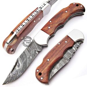 hunting edge rose wood 6.5'' 100% handmade damascus steel folding pocket knife 100% prime quality