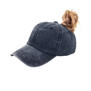 Eohak Ponytail Baseball Hat Distressed Retro Washed Womens Twill Black