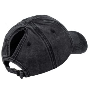 Eohak Ponytail Baseball Hat Distressed Retro Washed Womens Twill Black