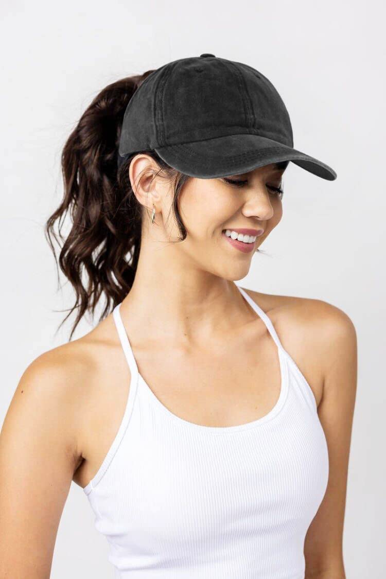 Eohak Ponytail Baseball Hat Distressed Retro Washed Womens Twill Black